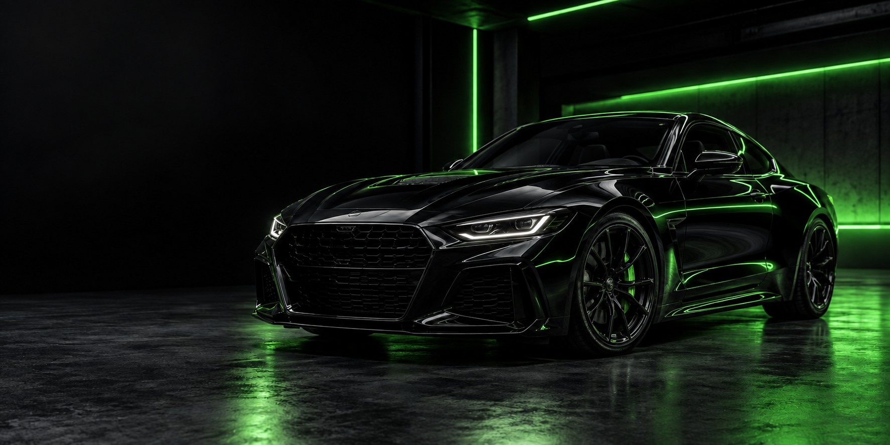 Schwarzes Sportcoupé mit grünem Licht in einer Garage – illustrative Aufnahme